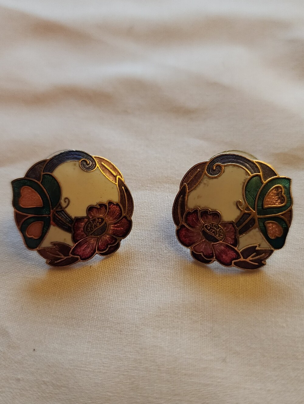 Vintage Cloisonne Butterfly Enamel Earrings Floral Flower Gold Tone Post Jewelry